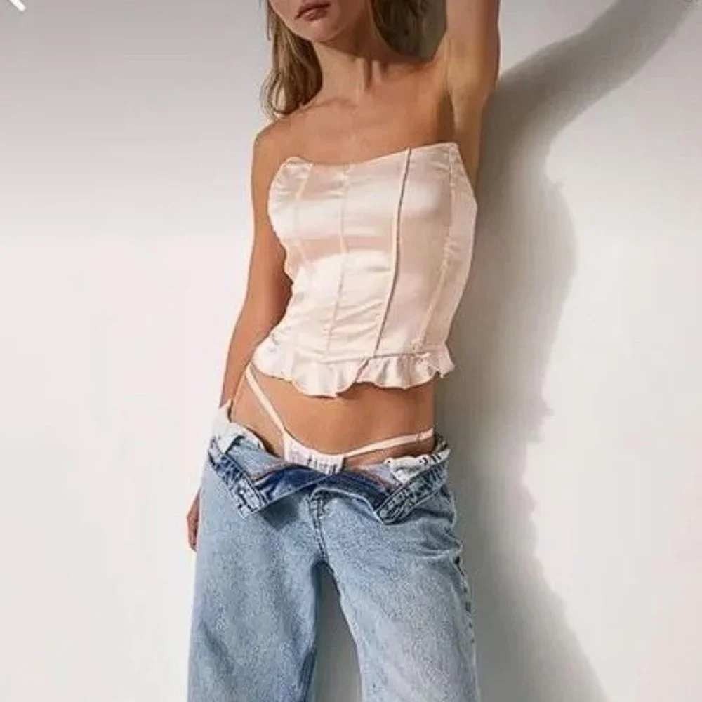 Free People Intimately Silver Siren Tube Top L Cream Pink Satin Corset Coquette